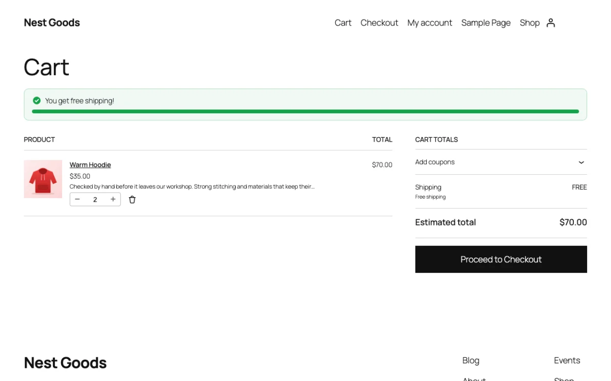 Block themes and the Cart block: free shipping reached
