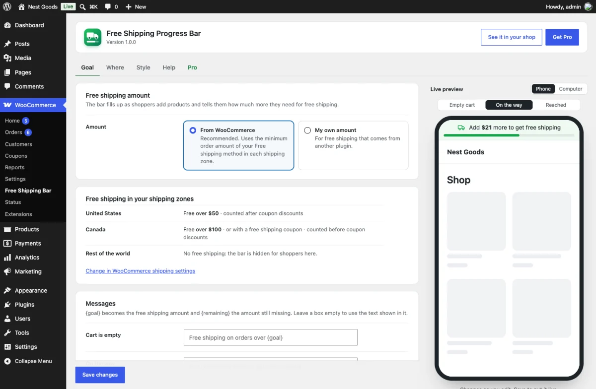 Settings: the amount found in each shipping zone, with a live preview