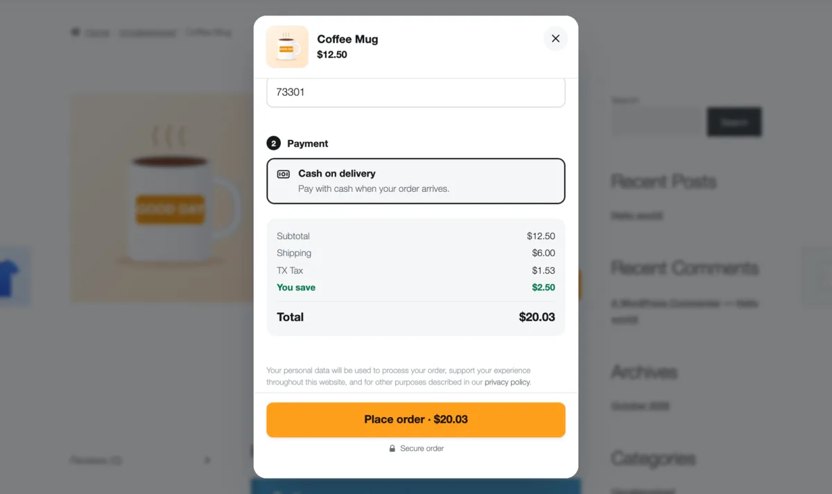 The order form: payment, live shipping, tax and total