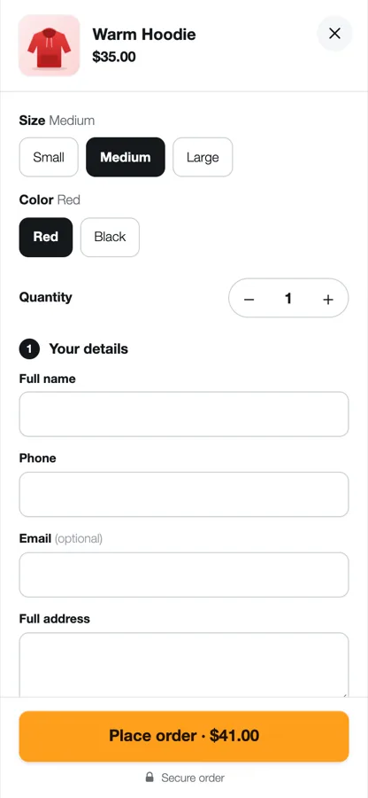 On a phone: size and color as tap buttons