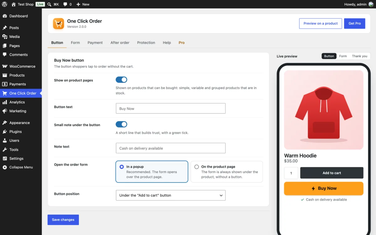 Settings with a live preview