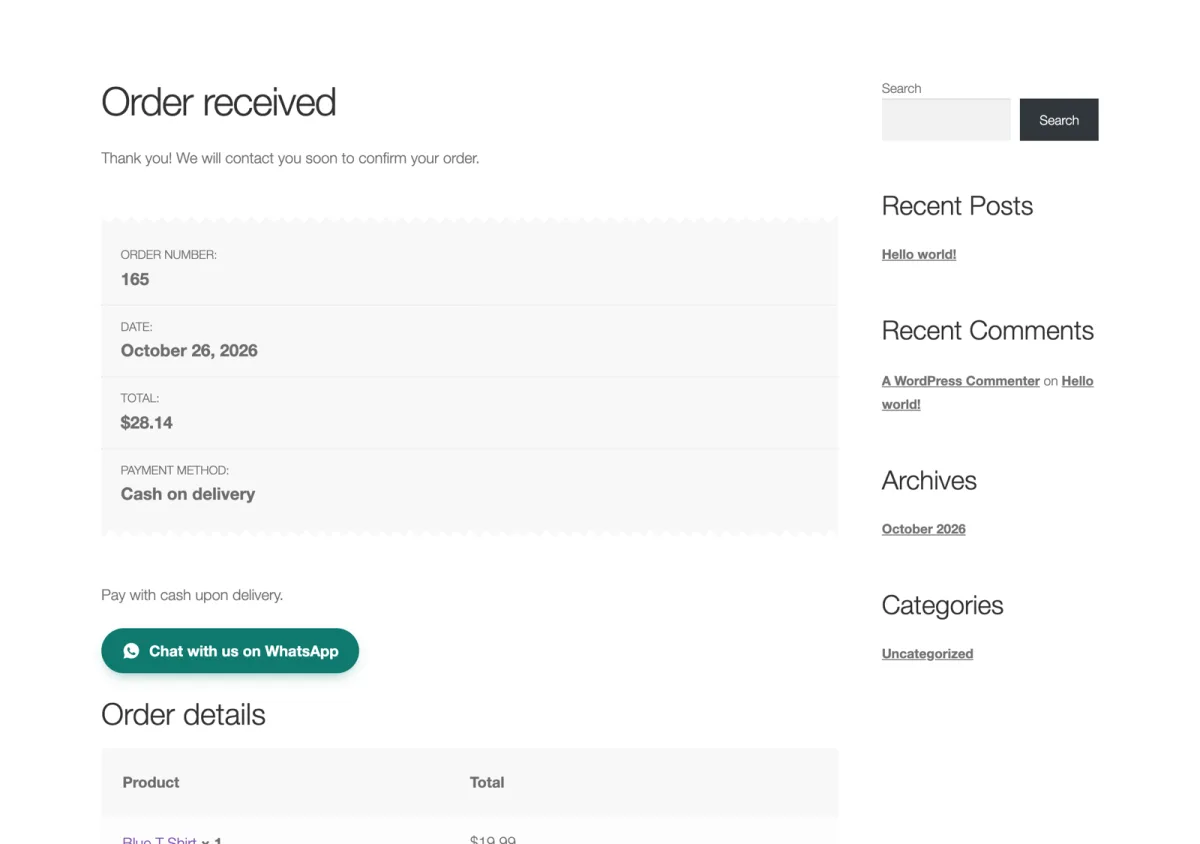 Thank-you page with your message and a WhatsApp button