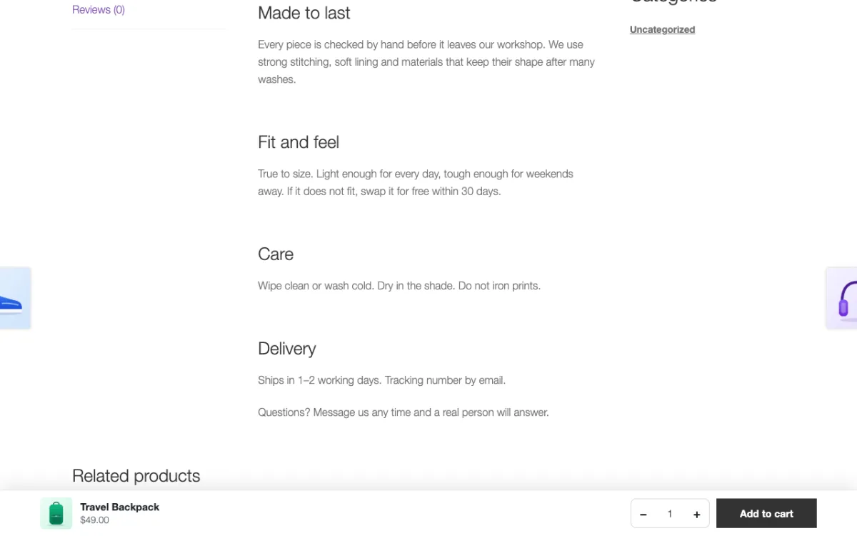 On a computer: picture, name, price, quantity and Add to cart