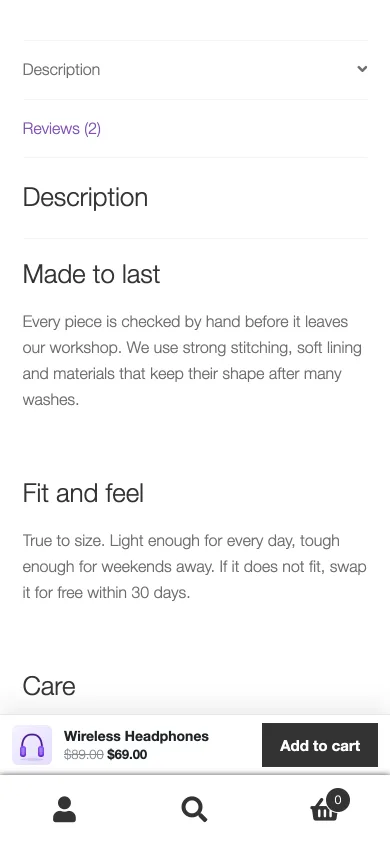 On a phone: one big button above the shop footer
