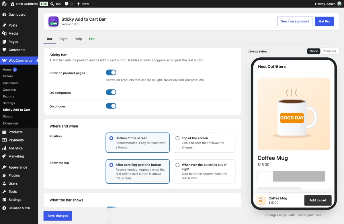 Settings with a live preview